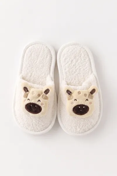 Ekru (0-24 Ay) Sevimli İnek Nakışlı Unisex Bebek Bornoz Seti 475598