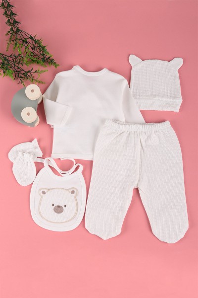 Ekru (0-3 Ay) Ayı Nakışlı 5'li Erkek Bebe Takım 219717