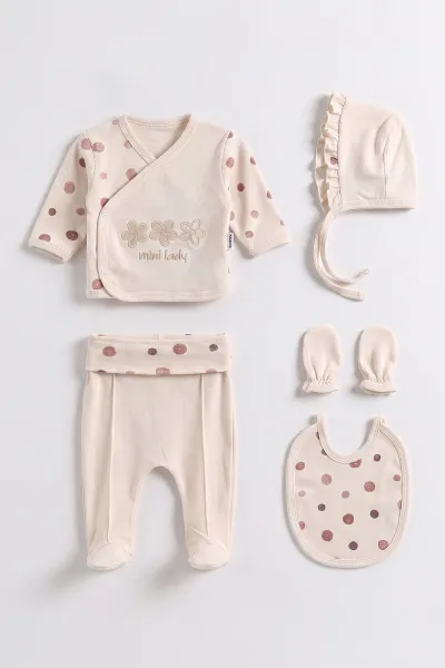 Ekru (0-3 Ay) Papatya Nakışlı Kutulu Yeni Doğan Kız Bebek 5'li Zıbın Set 475398