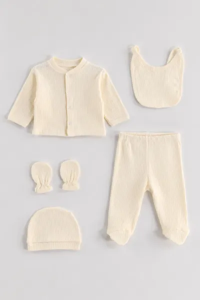 Ekru (0-3 Ay) Raporlu Penye Kutulu Unisex 5'li Hastane Çıkış Seti 476631