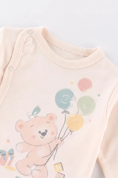 Ekru (0-3 Ay)Balonlu Ayıcık Baskılı Patikli 3'lü Kız Bebek Takım 477154