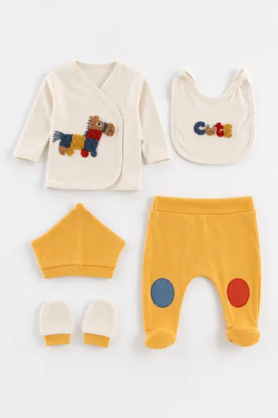 Ekru (0-3 Ay)Güpürlü Fiyonklu   Yenidoğan 5'li Kız Bebek Zıbın Seti 479351