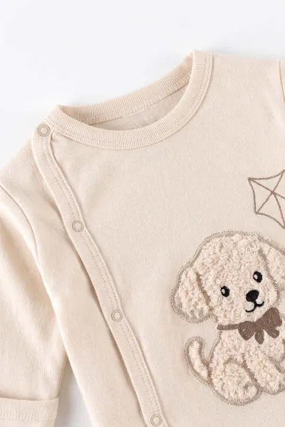 Ekru (0-3 Ay)Peluş Köpek  Nakışlı Patikli  ve Şapkalı Yeni Doğan Erkek Bebek 3'lü Zıbın Takım 477153