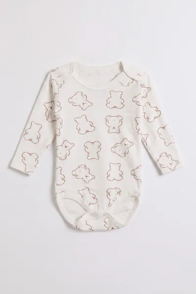 Ekru (0-3 Yaş) Ayı Desenli Uzun Kol Bebek &Çocuk Çıtçıtlı Badi 482387
