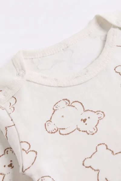 Ekru (0-3 Yaş) Ayı Desenli Uzun Kol Bebek &Çocuk Çıtçıtlı Badi 482387