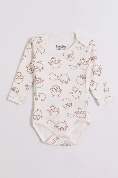 Ekru (0-3 Yaş) Civciv Desenli Uzun Kol Bebek &Çocuk Çıtçıtlı Badi 482364