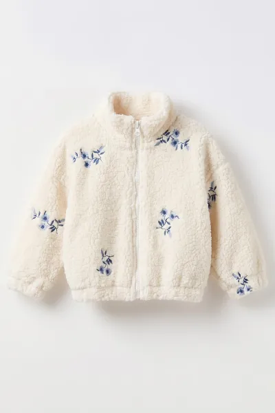 Ekru (0-4 Yaş) Çiçek Nakışlı Beli Lastikli Kuzu Kız Çocuk&Bebek  Hırka 487880