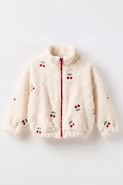 Ekru (0-4 Yaş) Vişne Nakışlı Beli Lastikli Kuzu Kız Çocuk&Bebek  Hırka 487877