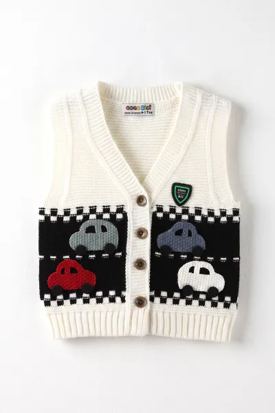 Ekru (0-5 Yaş) Araba Motifli Triko Erkek Çocuk&Bebek Yelek 474869