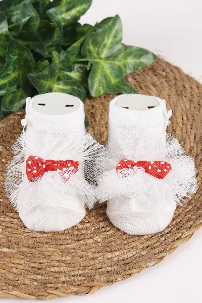 Ekru (0-6 Ay) Fiyonk Aksesuarlı Tüllü  Kız Bebek Çorap 467443