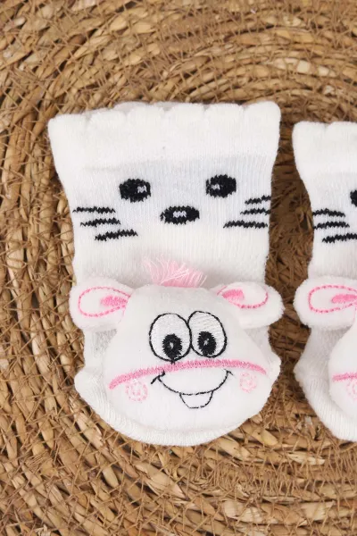 Ekru (0-6 Ay) Oyuncak Nakışlı Kız Bebek Çorap 467491
