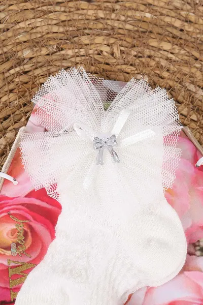 Ekru (0-6 Ay) Tüllü Fiyonklu Kız Bebek Taç ve Çorap Seti 467509