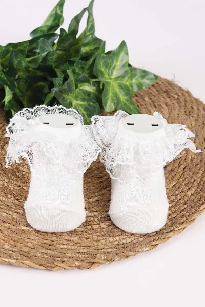 Ekru (0-6 Ay) Tüllü Kız Bebek Çorap 467506