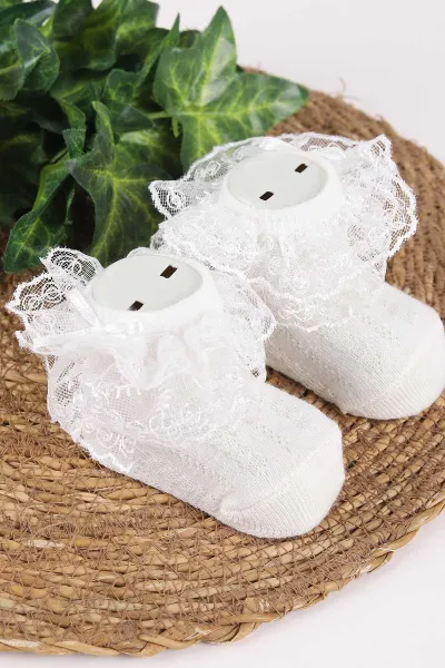 Ekru (0-6 Ay) Tüllü Kız Bebek Çorap 467506