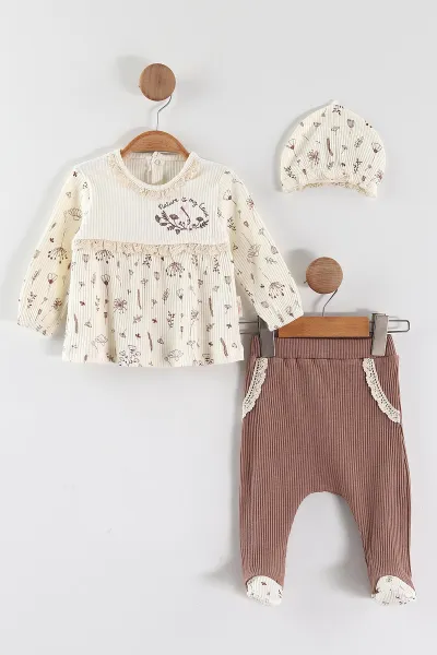Ekru (0-6 Ay) Yakası ve Göbek Dantelli Nakışlı Fitilli Kız Bebek 3'lü Takım 468666
