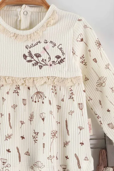 Ekru (0-6 Ay) Yakası ve Göbek Dantelli Nakışlı Fitilli Kız Bebek 3'lü Takım 468666