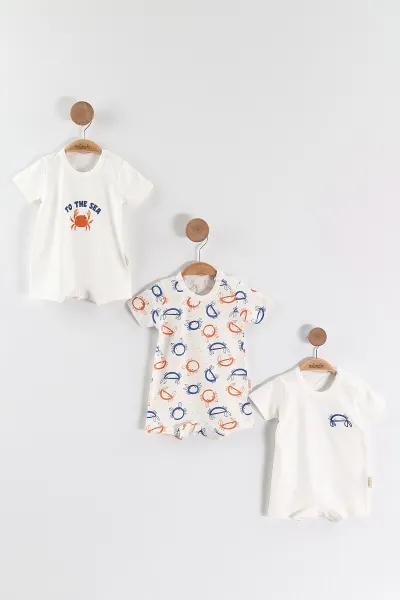 Ekru (0-6 Ay) Yengeç Baskılı Kısa Kol 3'lü Erkek Bebek Çıtçıtlı Badi 469238