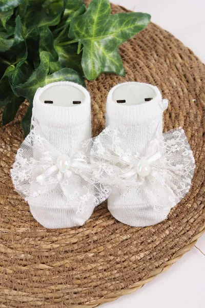 Ekru (0-6 Ay)Tül Aksesuarlı Kız Bebek Çorap 445950