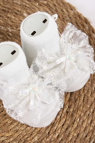 Ekru (0-6 Ay)Tül Aksesuarlı Kız Bebek Çorap 445950