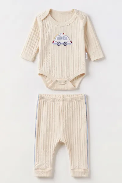 Ekru (0-9 Ay) Araba Nakışlı Penye Erkek Bebek Takım 488233