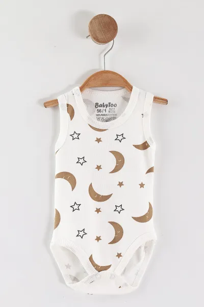 Ekru (0-9 Ay) Ay Yıldız  Desenli   Sıfır Kol Bebek Çıtçıtlı Badi 463000