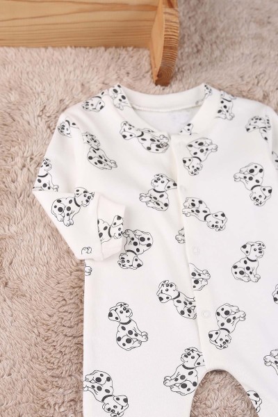Ekru (0-9 Ay) Benekli Köpek Baskılı Çıtçıtlı Patikli Erkek Bebe Tulum 180098