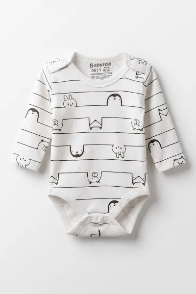 Ekru (0-9 Ay) Çizgili Hayvan Desenli Bebek Çıtçıtlı Badi 482295