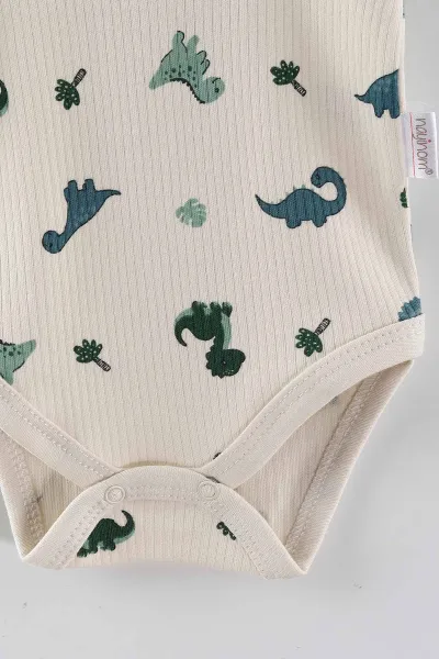 Ekru (0-9 Ay) Dino Baskılı    Unisex Bebek Çıtçıtlı Badi 441452