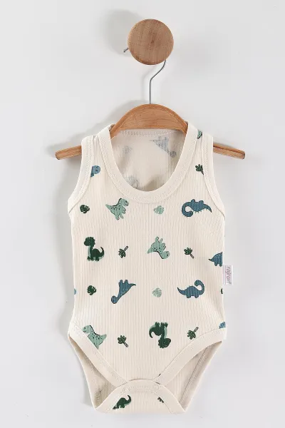 Ekru (0-9 Ay) Dino Baskılı    Unisex Bebek Çıtçıtlı Badi 441452