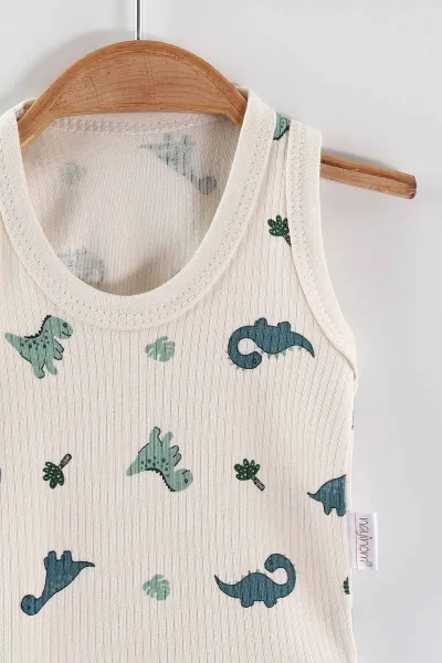 Ekru (0-9 Ay) Dino Baskılı    Unisex Bebek Çıtçıtlı Badi 441452