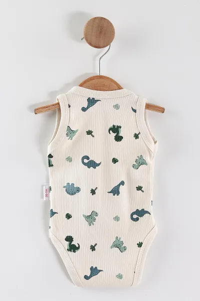 Ekru (0-9 Ay) Dino Baskılı    Unisex Bebek Çıtçıtlı Badi 441452