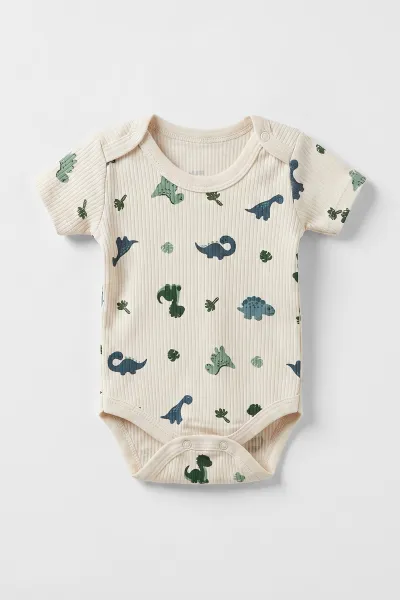 Ekru (0-9 Ay )  Dinozor  Baskılı Kısa Kol  Bebek & Çocuk Çıtçıtlı Badi 480435