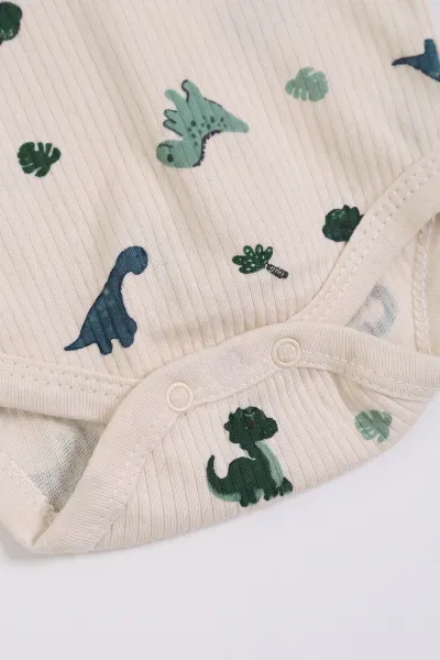Ekru (0-9 Ay )  Dinozor  Baskılı Kısa Kol  Bebek & Çocuk Çıtçıtlı Badi 480435