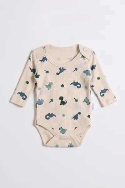 Ekru (0-9 Ay )  Dinozor Desenli  Uzun Kollu    Bebek & Çocuk Çıtçıtlı Badi 480357