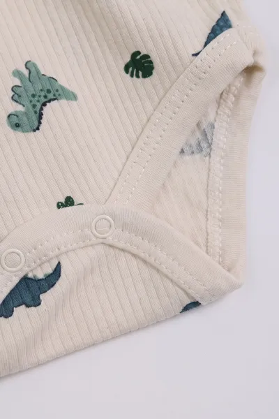 Ekru (0-9 Ay )  Dinozor Desenli  Uzun Kollu    Bebek & Çocuk Çıtçıtlı Badi 480357