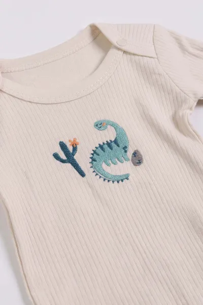 Ekru (0-9 Ay) Dinozor Nakışlı Raporlu Erkek Bebek Takım 480456