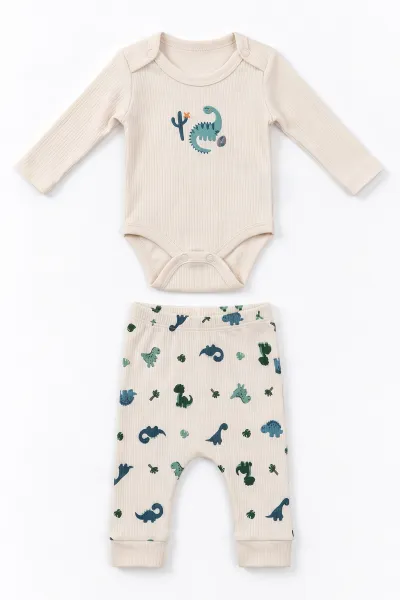 Ekru (0-9 Ay) Dinozor Nakışlı Raporlu Erkek Bebek Takım 480456