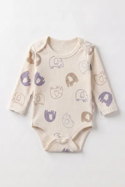 Ekru (0-9 Ay )Fil Desenli  Uzun Kollu    Bebek & Çocuk Çıtçıtlı Badi 480359