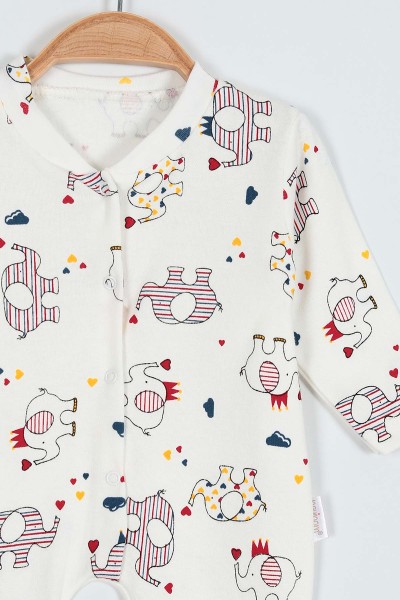Ekru (0-9 Ay) Kalpli Fil Baskılı Çıtçıtlı Kız Bebe Tulum 203365