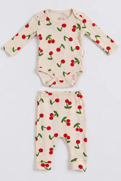 Ekru (0-9 Ay) Kiraz  Baskılı  Raporlu    Kız Bebek Takım 480498