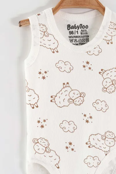 Ekru (0-9 Ay) Kuzu Desenli   Sıfır Kol Bebek Çıtçıtlı Badi 462994