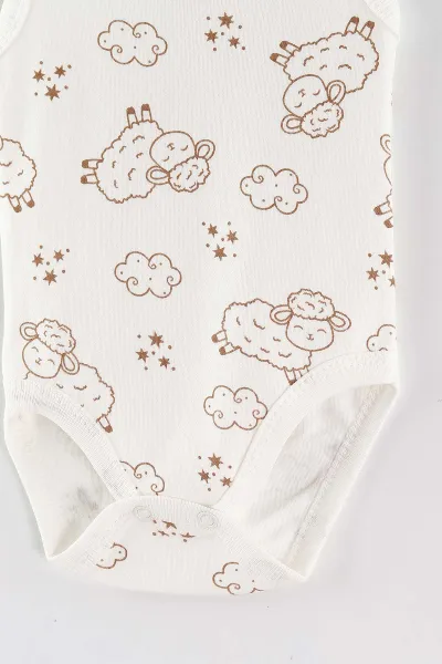 Ekru (0-9 Ay) Kuzu Desenli   Sıfır Kol Bebek Çıtçıtlı Badi 462994