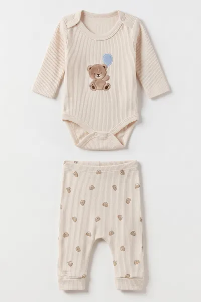 Ekru (0-9 Ay) Minik Ayıcık Nakışlı Kapüşonlu Çıtçıtlı Hırkalı 3'lü Erkek Bebe Takım 475933