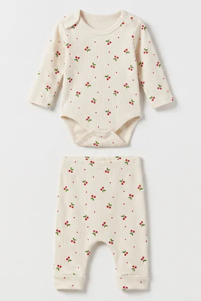Ekru (0-9 Ay) Minik Kiraz Baskılı    Kız Bebek Takım 480485
