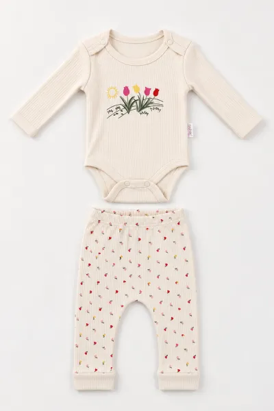 Ekru (0-9 Ay) Minik Lale Baskılı    Kız Bebek Takım 480486