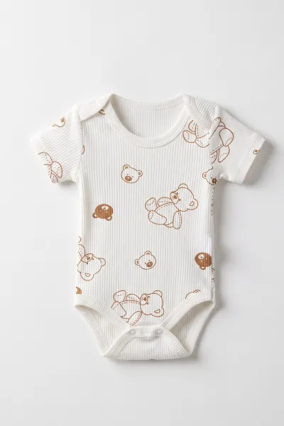Ekru (0-9 Ay )  Raporlu Ayıcık Baskılı Kısa Kol  Bebek & Çocuk Çıtçıtlı Badi 480423