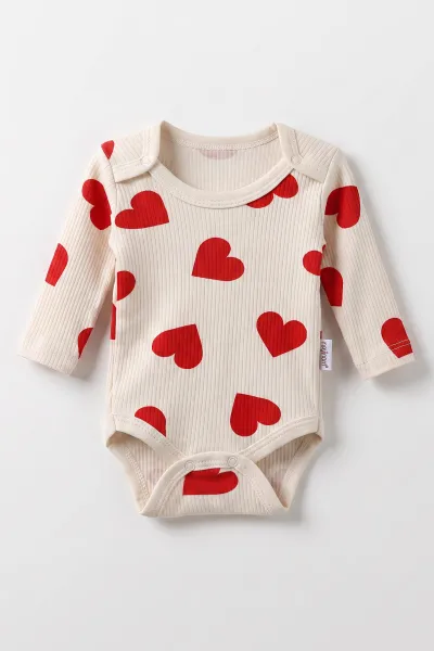 Ekru (0-9 Ay )Raporlu Kalp Desenli  Uzun Kollu Kız    Bebek & Çocuk Çıtçıtlı Badi 480387