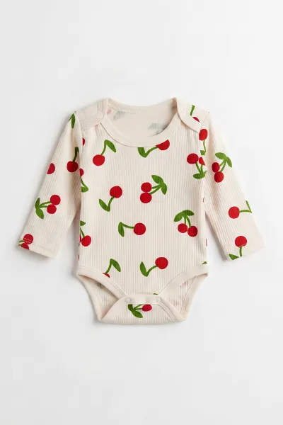 Ekru (0-9 Ay )Raporlu Kiraz Desenli  Uzun Kollu Kız    Bebek & Çocuk Çıtçıtlı Badi 480384