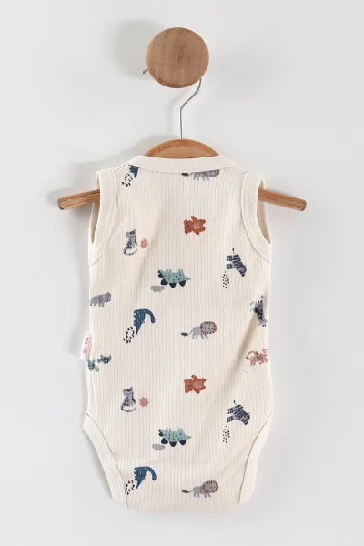 Ekru (0-9 Ay) Safari Baskılı    Erkek Bebek Çıtçıtlı Badi 441458