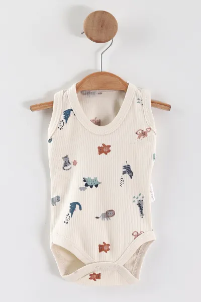 Ekru (0-9 Ay) Safari Baskılı    Erkek Bebek Çıtçıtlı Badi 441458